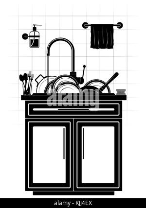 A mountain of dirty unwashed dishes in the sink in the kitchen. Plates, saucepan and frying pan. Tiled wall and kitchen furniture. Stock Vector