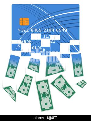 Credit or debit card which is transformed into cash. Translation from the electronic form of money into bills. Large sum. A huge win. Stock Vector