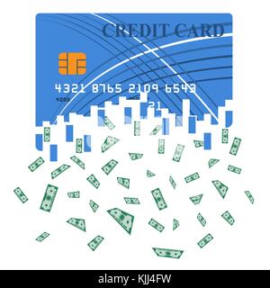 Credit or debit card which is transformed into cash. Translation from the electronic form of money into bills. Large sum. A huge win. Stock Vector
