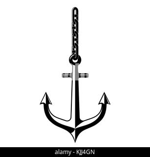 A black white outline of an antique metal anchor suspended on a solid chain. Stock Vector