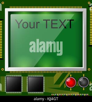 Large LCD display with space for text and backlight. A square printed circuit board is green. Electronic components. Stock Vector