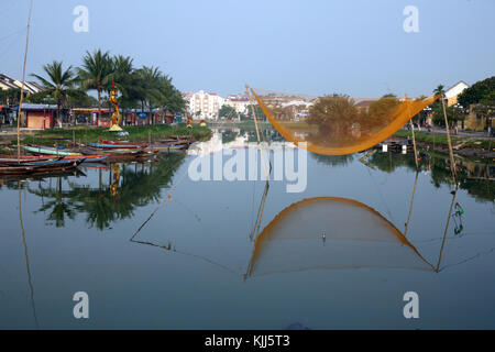 Vietnamese fishing net suspended on Thu Bon river. Hoi An. Vietnam. Stock Photo