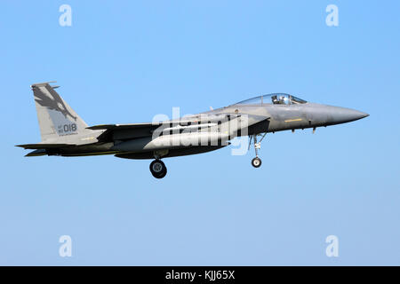 LEEUWARDEN, THE NETHERLANDS - APR 21, 2016: US Air Force McDonnell Douglas F-15C Eagle fighter jet from the 144th Fighter Wing (California Air Nationa Stock Photo