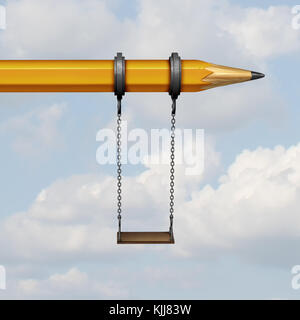 Learn and play education during childhood recreation concept as a playground swing hanging on a pencil as a 3D render. Stock Photo