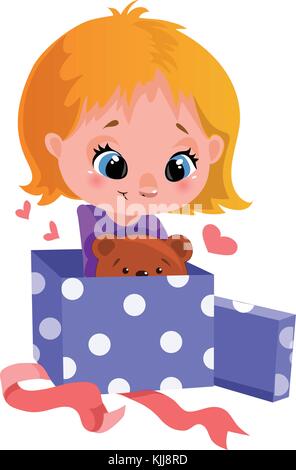 Vector clipart with little girl which opening git with bear Stock Vector