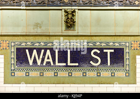 Wall street subway sign tile pattern in New York City Manhattan station ...