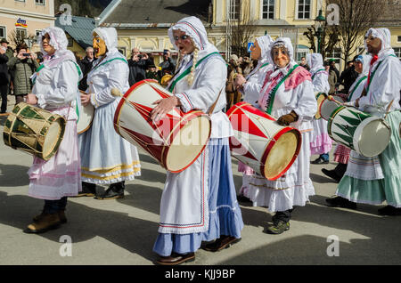 Experience the legendary Aussee Carnival in Austria: traditional carnival costumes and customs are the hallmarks of this fantastic event in February. Stock Photo