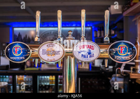 Fosters , Warsteiner & Shipyard Beer Pumps on a Bar