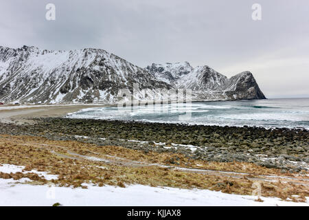 Unstad Beach in the Lofoten Islands, Norway in the winter. Stock Photo