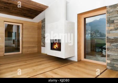new empty living room interior with fireplace and hardwood floor Stock Photo
