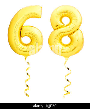 Golden number sixty eight 68 made of inflatable balloon with ribbon on white Stock Photo