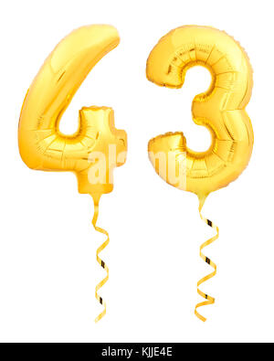 Golden number forty three 43 made of inflatable balloon with ribbon on white Stock Photo