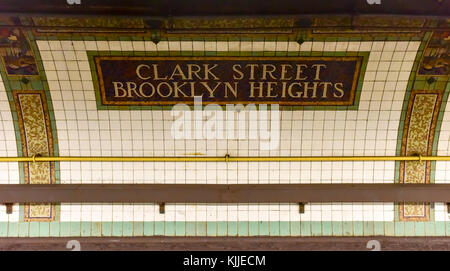 Clark Street sign on subway post in Brooklyn New York metro train ...