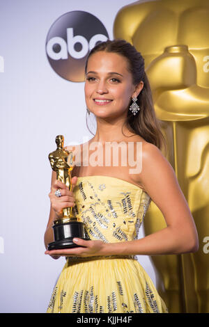 HOLLYWOOD, CA - FEBRUARY 28: Alicia Vikander in the press room during the 88th Annual Academy Awards at Loews Hollywood Hotel on February 28, 2016 in Hollywood, California.   People:  Alicia Vikander Stock Photo