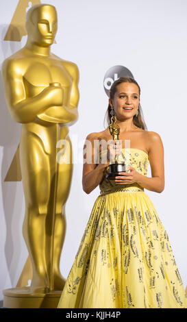 HOLLYWOOD, CA - FEBRUARY 28: Alicia Vikander in the press room during the 88th Annual Academy Awards at Loews Hollywood Hotel on February 28, 2016 in Hollywood, California.   People:  Alicia Vikander Stock Photo