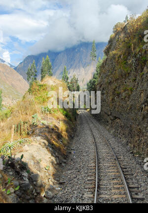 Railroad Tracks through the Andes Mountains in Peru, between Cusco and Machu Picchu Stock Photo