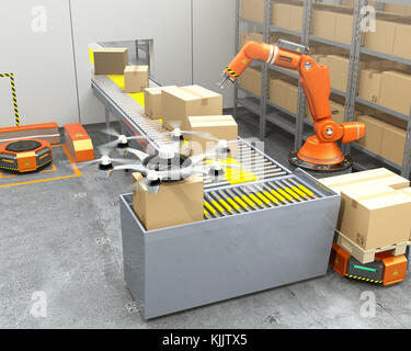 Modern warehouse equipped with robotic arm, drone and robot carriers. Modern delivery center concept. 3D rendering image. Stock Photo