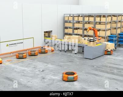 Modern warehouse equipped with robotic arm, drone and robot carriers. Modern delivery center concept. 3D rendering image. Stock Photo