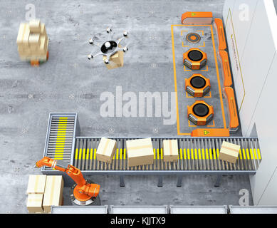 Modern warehouse equipped with robotic arm, drone and robot carriers. Modern delivery center concept. 3D rendering image. Stock Photo