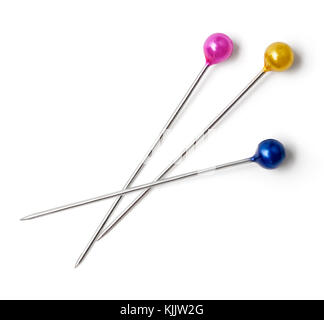Many sewing push pins isolated on white background.with clipping path Stock Photo