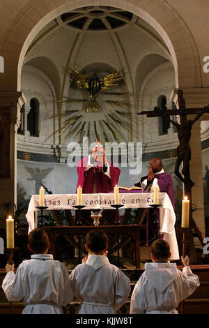 Ash wednesday celebration at Notre Dame du Travail Roman catholic church, Paris. France. Stock Photo
