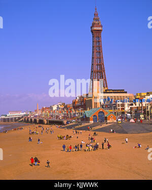 Blackpool sands with town and tower, as seen from central pier, Blackpool, Lancashire, England Stock Photo