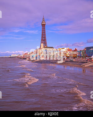 Late summer view looking along the seafront towards the town centre and tower at Blackpool, Lancashire Stock Photo
