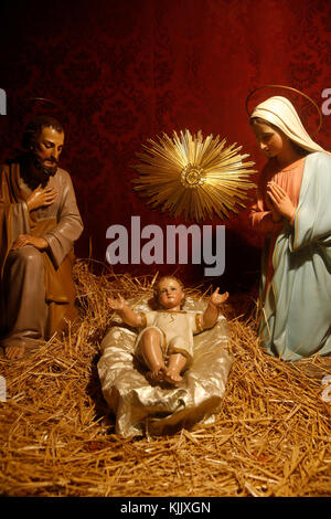 Nativity scene in Sta Maria del Rosario in Prati's church, Rome. Italy. Stock Photo