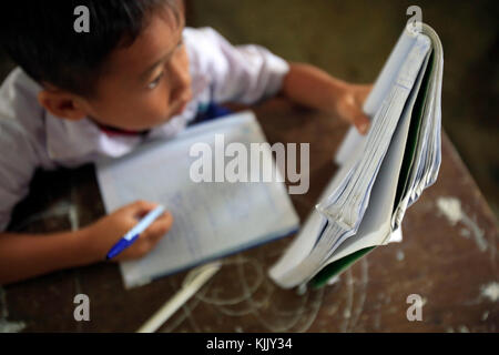 Elementary school.  Schoolboy reading textbook in classroom.  Laos. Stock Photo