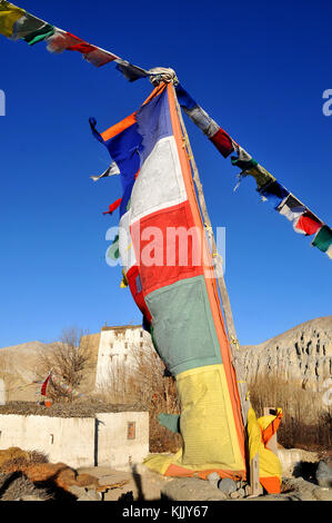 Prayer flag in a Mustang village. Nepal. Stock Photo