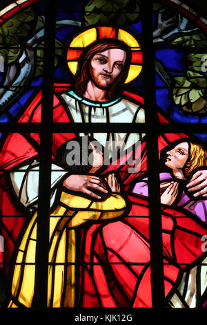 Dalat cathedral.  Stained glass window. Jesus and the children.  Dalat. Vietnam. Stock Photo