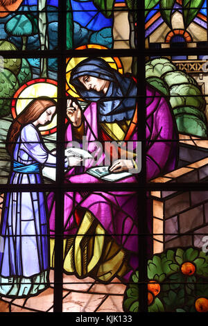 Dalat cathedral.  Stained glass window.  St Anne and the Virgin Mary. Education.  Dalat. Vietnam. Stock Photo