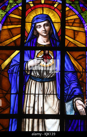 Dalat cathedral.  Stained glass window. The Immaculate Heart of Mary. Dalat. Vietnam. Stock Photo