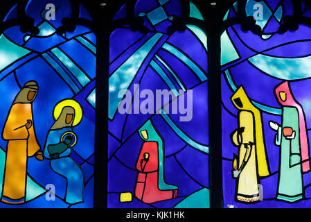 Kon Tum Cathedral. Stained glass window.  Adoration of the Magi. Kon Tum.  Vietnam. Stock Photo