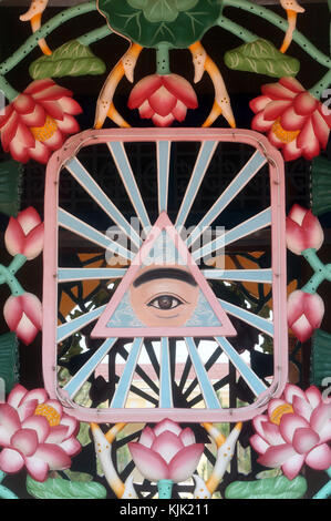 Cao Dai Holy See Temple.  The Divine Eye, sacred symbol of caodaism. Stock Photo