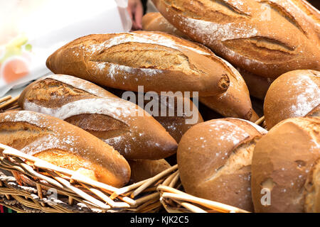 Homemade bread on a wicker tray Stock Photo