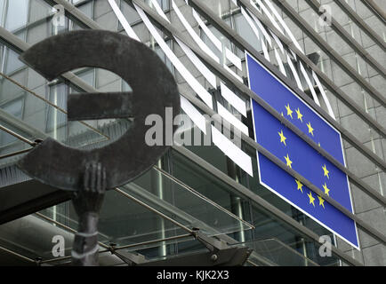 Statue of the goddess Europa with Euro currency symbol in front of the ...