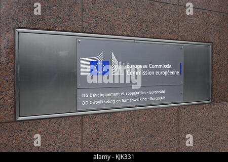 A sign featuring the EU logo at the entrance to the European Commission Directorate-General for International Cooperation and Development in the Belgian capital Brussels. 24.06.2017. The European Commission is based at the Berlaymont building, built between 1963 and 1967. In 1992 the Berlaymont building was closed due to the presence of asbestos and extensively renovated. The modernized building reopened on 21 October 2004. - NO WIRE SERVICE - Photo: Sascha Steinach/dpa-Zentralbild/dpa | usage worldwide Stock Photo