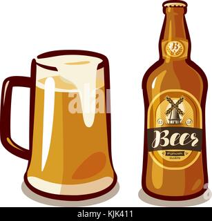 Mug of craft beer with foam, bottle ale or lager. Bar, pub, alcoholic beverages, drinks concept. Vector illustration Stock Vector