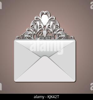 laser cutting in flap of envelope with decorative forms in thistle color background Stock Vector