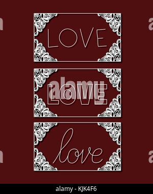 laser cutting of rectangular frames with floral border and love text inside in dark red color background Stock Vector