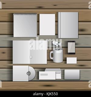 stationary templates of documentation blank design of business stationery over wooden background Stock Vector