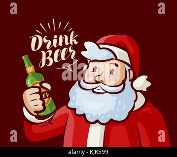 Santa Claus with bottle of beer in hand. Christmas, xmas party concept. Cartoon vector illustration Stock Vector