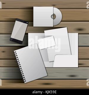 stationary templates of documentation blank design of business stationery over wooden background Stock Vector