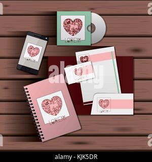 stationary templates of documentation romantic date design of business stationery over wooden background Stock Vector