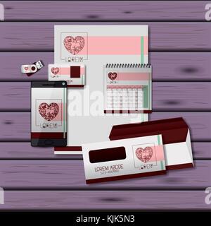 stationary templates of heart design of business stationery over purple wooden background Stock Vector