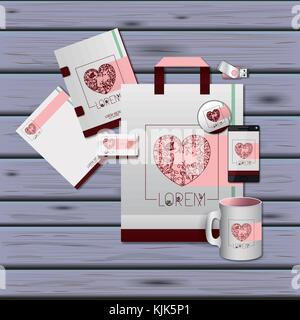 stationary templates of heart design of business stationery over violet wooden background Stock Vector