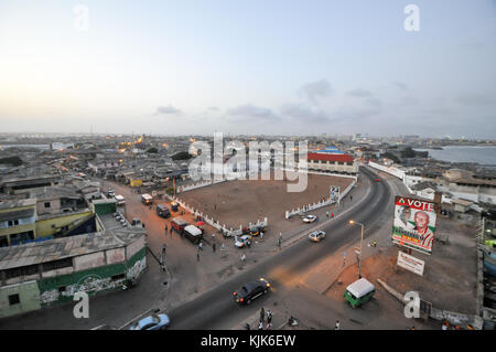 ACCRA, GHANA - APRIL 29, 2012: Panoramic view of Accra, Ghana in the evening from the Jamestown Lighthouse. Stock Photo