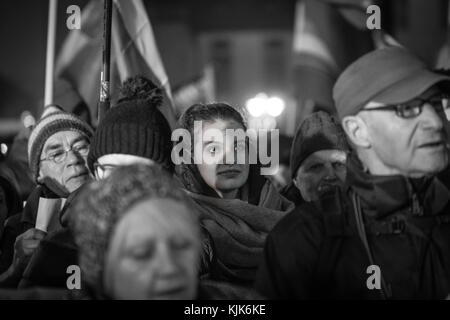 Poland, Poznan, 12.20.2016: Anti government protests in Poland, against new authoritarian law,  fight a for democracy. Night shot. Stock Photo