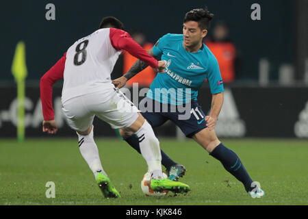 Russia. 23rd Nov, 2017. midfielder Vanja Markovich of FC Vardar and forward Sebastian Driussi of FC Zenit during UEFA Europa League Football match Zenit - Vardar. Saint Petersburg, November 23, 2017 Credit: Anatoliy Medved/Pacific Press/Alamy Live News Stock Photo